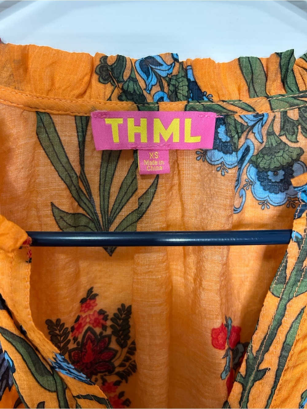 THML Orange Floral Paisley Boho Split Neck Puff Sleeve Blouse XS - Picture 3 of 5